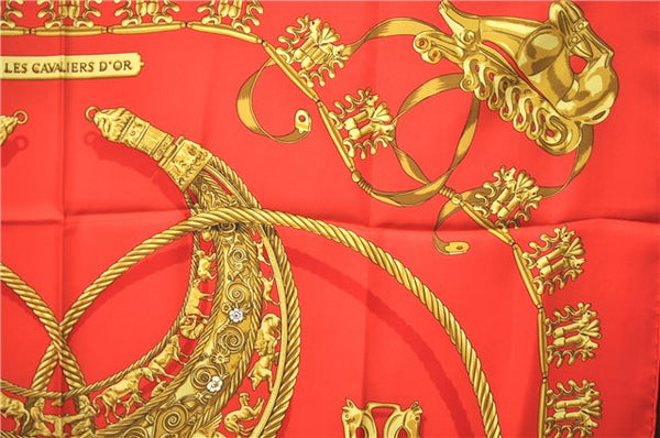 Authentic HERMES Carre 90 Scarf "LES CAVALIERS D'OR" Silk Red J8783