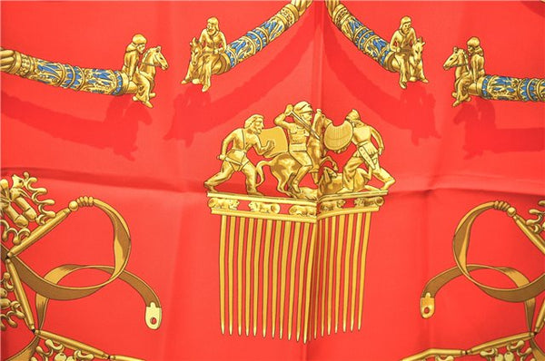 Authentic HERMES Carre 90 Scarf "LES CAVALIERS D'OR" Silk Red J8783