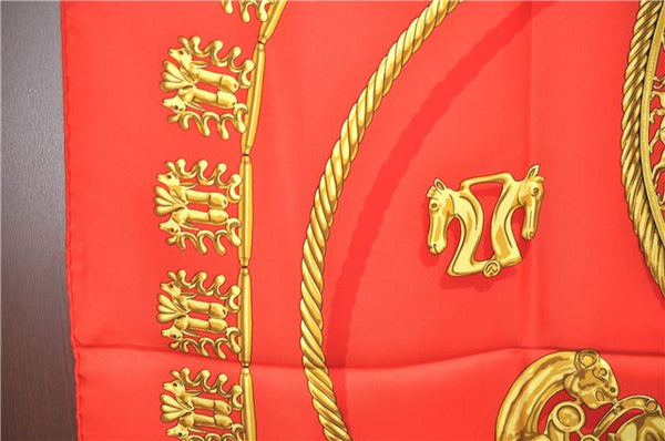 Authentic HERMES Carre 90 Scarf "LES CAVALIERS D'OR" Silk Red J8783