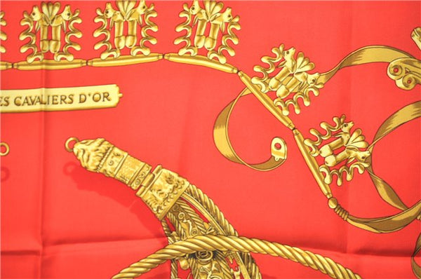 Authentic HERMES Carre 90 Scarf "LES CAVALIERS D'OR" Silk Red J8783