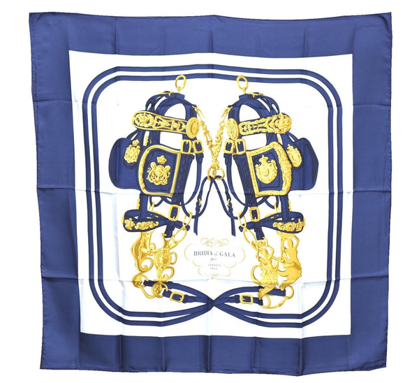 Authentic HERMES Carre 90 Scarf "BRIDES de GALA par" Silk Navy J8791