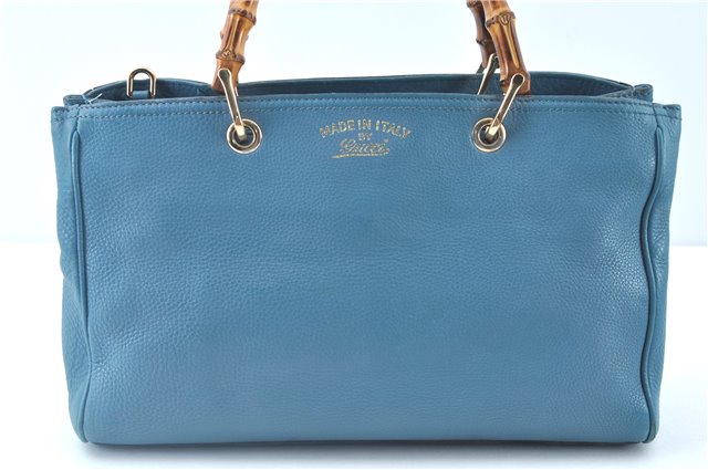 Authentic GUCCI Bamboo 2way Hand Shoulder Bag Purse Leather 323660 Blue J8808