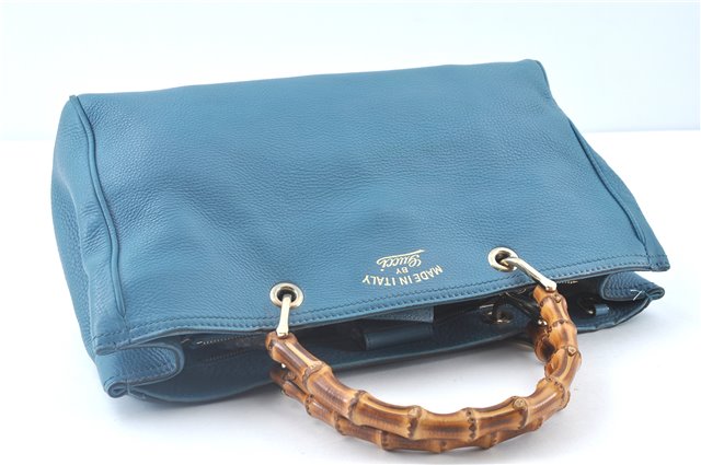 Authentic GUCCI Bamboo 2way Hand Shoulder Bag Purse Leather 323660 Blue J8808