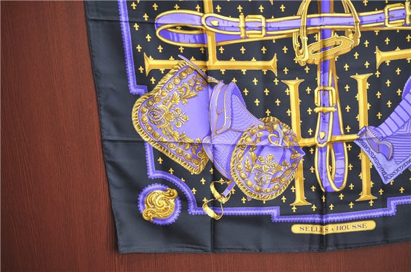 Authentic HERMES Carre 90 Scarf "SELLES A HOUSSE" Silk Black Purple J8847