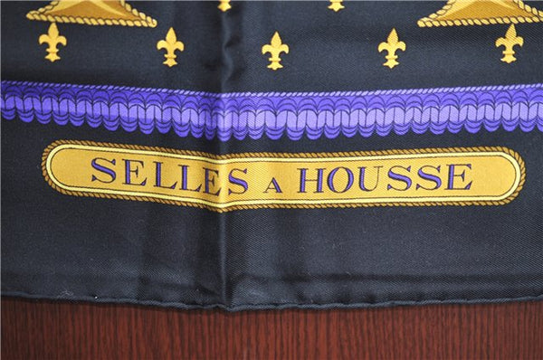 Authentic HERMES Carre 90 Scarf "SELLES A HOUSSE" Silk Black Purple J8847