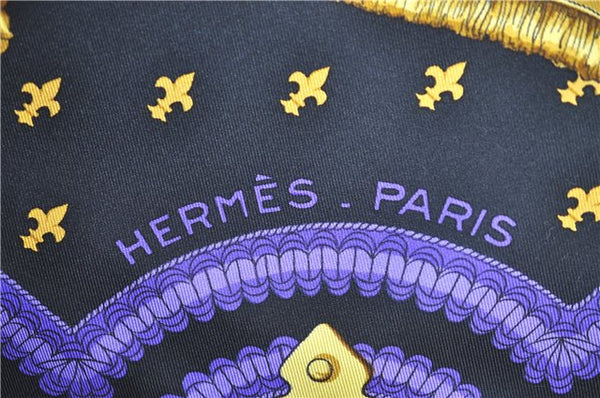 Authentic HERMES Carre 90 Scarf "SELLES A HOUSSE" Silk Black Purple J8847