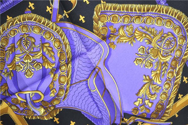 Authentic HERMES Carre 90 Scarf "SELLES A HOUSSE" Silk Black Purple J8847