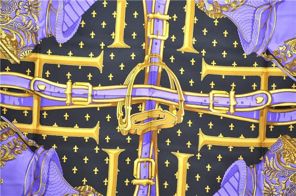 Authentic HERMES Carre 90 Scarf "SELLES A HOUSSE" Silk Black Purple Gold J8848