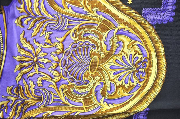 Authentic HERMES Carre 90 Scarf "SELLES A HOUSSE" Silk Black Purple Gold J8848