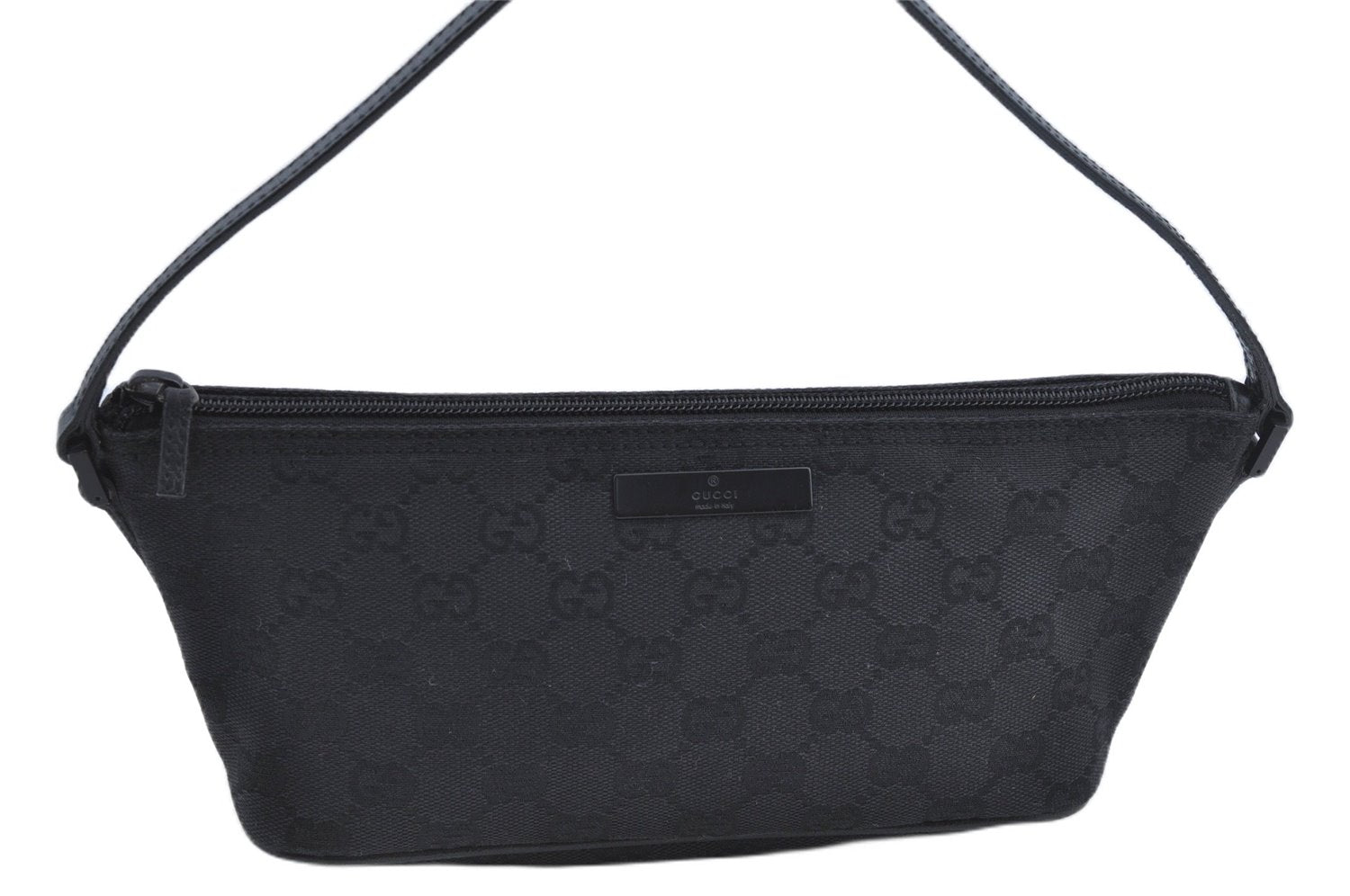 Authentic GUCCI Hand Bag Pouch Purse GG Canvas Leather 07198 Black J8878