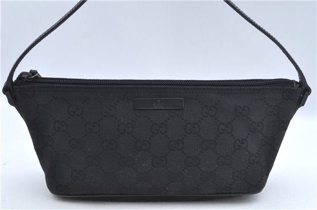 Authentic GUCCI Hand Bag Pouch Purse GG Canvas Leather 07198 Black J8878