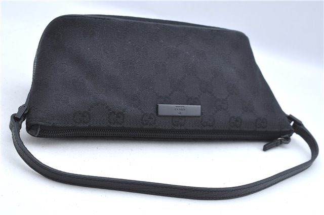 Authentic GUCCI Hand Bag Pouch Purse GG Canvas Leather 07198 Black J8878