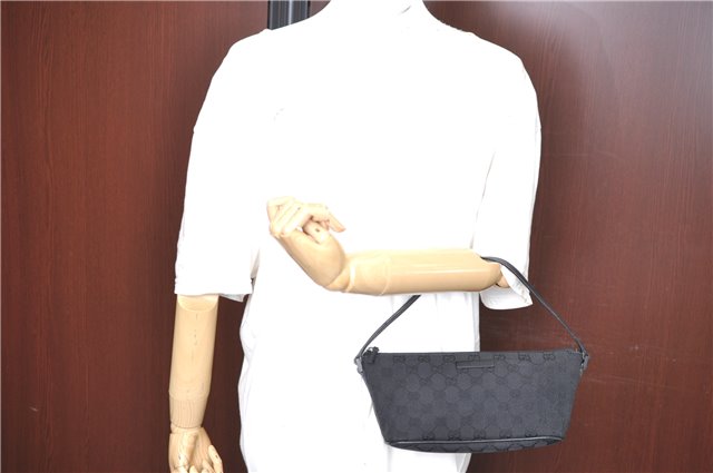 Authentic GUCCI Hand Bag Pouch Purse GG Canvas Leather 07198 Black J8878