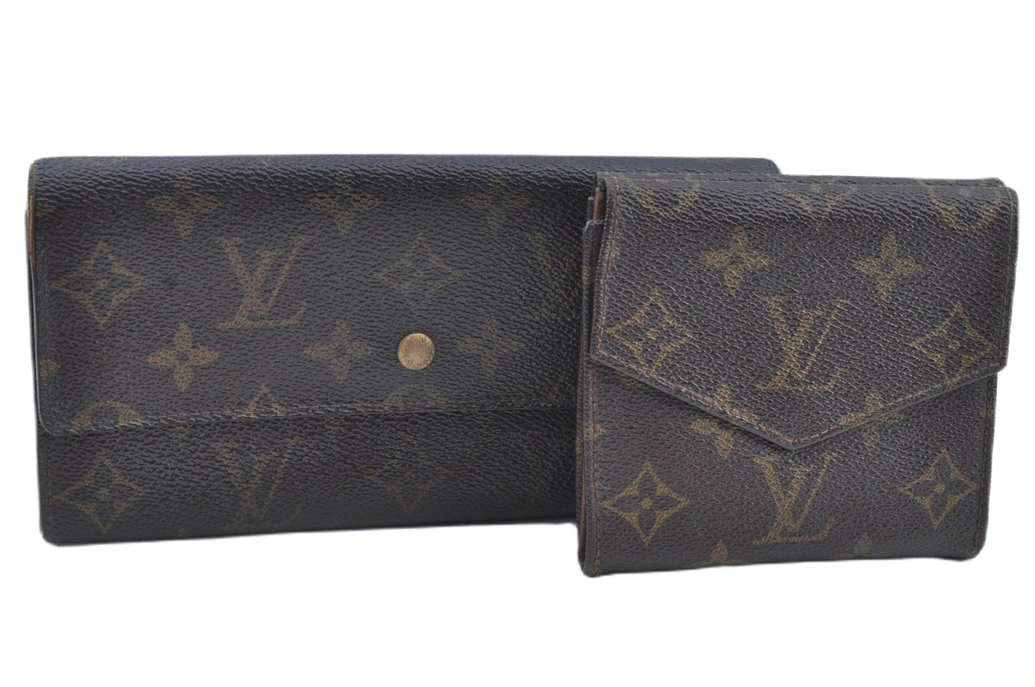 Authentic Louis Vuitton Monogram Bifold Long Wallet Purse 2Set Brown LV J8919