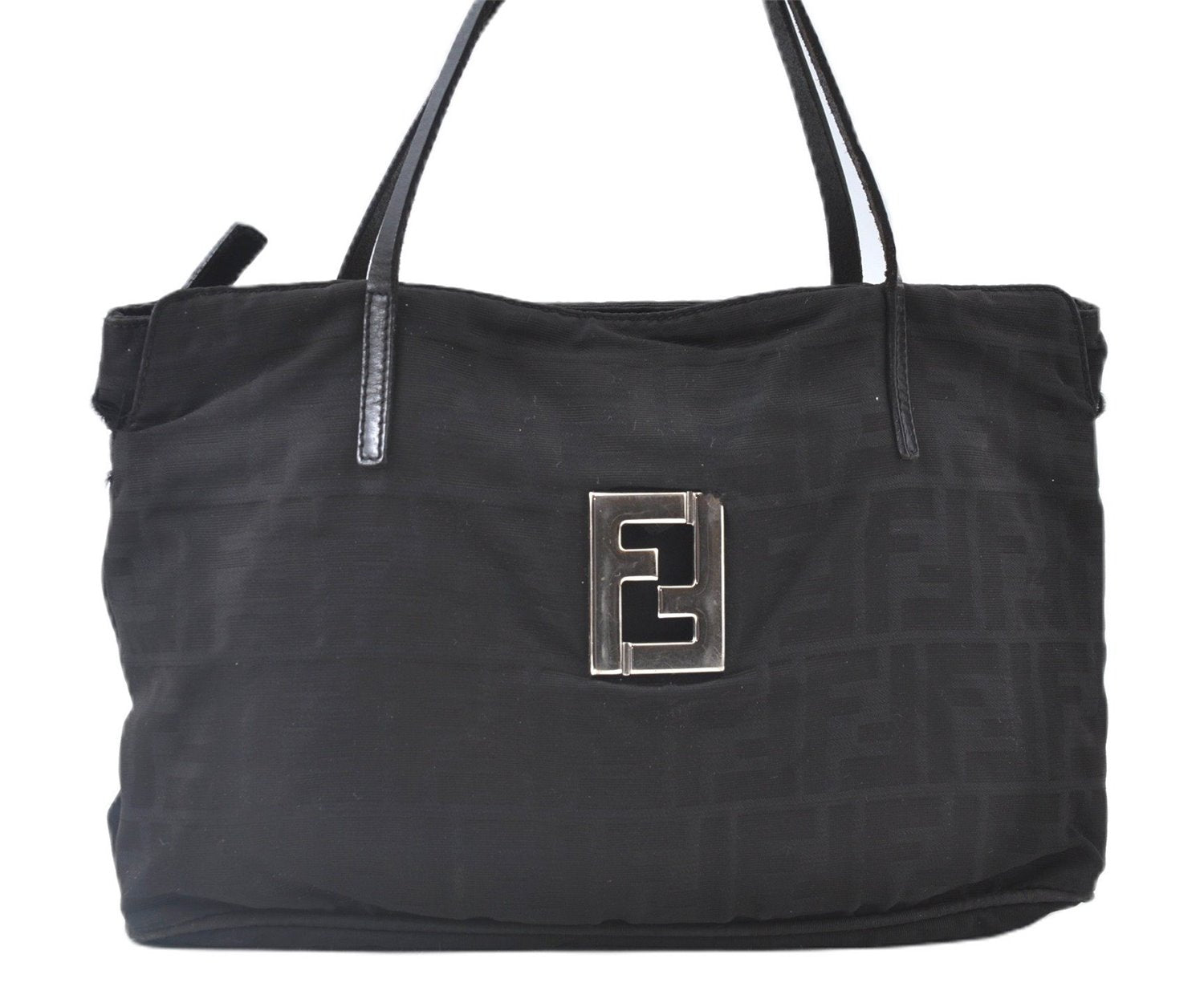 Authentic FENDI Zucca Hand Tote Bag Nylon Leather Black J8925