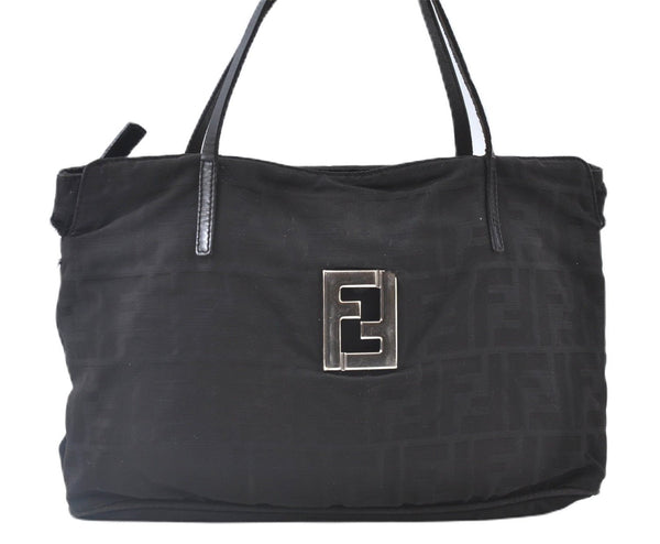 Authentic FENDI Zucca Hand Tote Bag Nylon Leather Black J8925