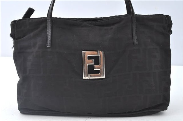 Authentic FENDI Zucca Hand Tote Bag Nylon Leather Black J8925