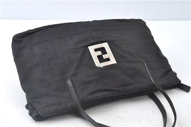 Authentic FENDI Zucca Hand Tote Bag Nylon Leather Black J8925