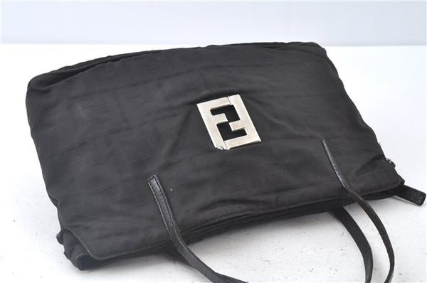 Authentic FENDI Zucca Hand Tote Bag Nylon Leather Black J8925