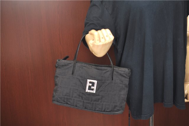 Authentic FENDI Zucca Hand Tote Bag Nylon Leather Black J8925