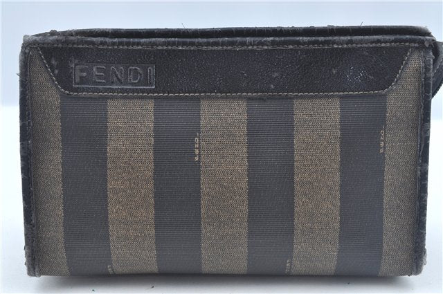 Authentic FENDI Pequin Clutch Hand Bag Purse PVC Leather Brown Black J8954