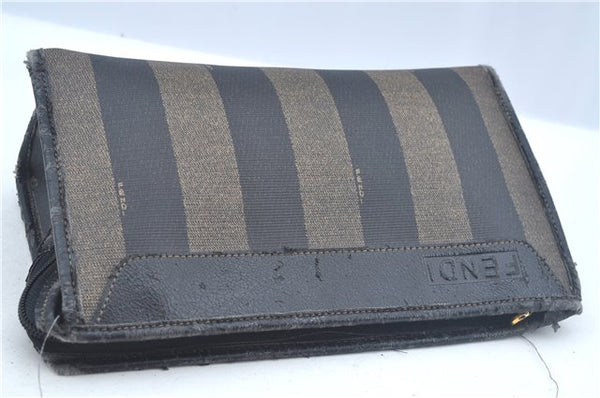 Authentic FENDI Pequin Clutch Hand Bag Purse PVC Leather Brown Black J8954