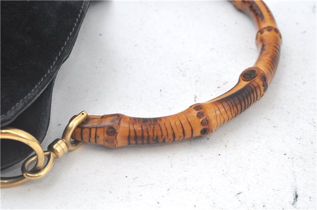 Authentic GUCCI Bamboo Hand Shoulder Bag Suede Leather Black 0011638 Junk J8965