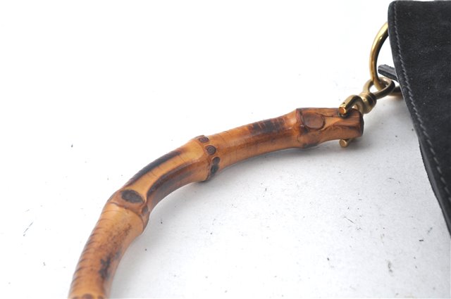 Authentic GUCCI Bamboo Hand Shoulder Bag Suede Leather Black 0011638 Junk J8965