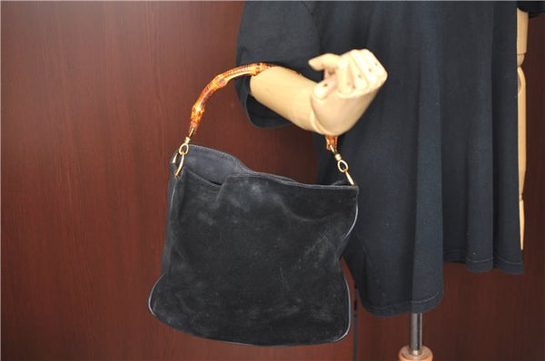 Authentic GUCCI Bamboo Hand Shoulder Bag Suede Leather Black 0011638 Junk J8965