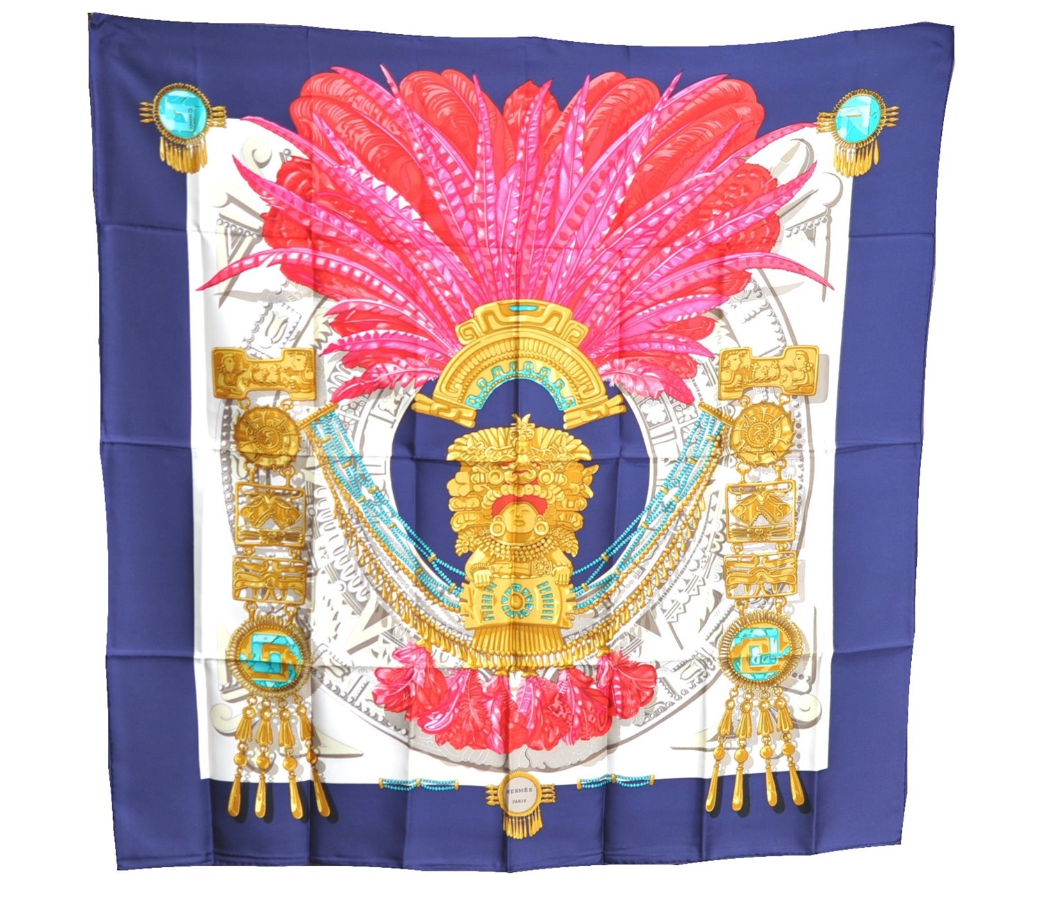 Authentic HERMES Carre 90 Scarf Buddhist statue Motif Silk Navy Blue PB J8970