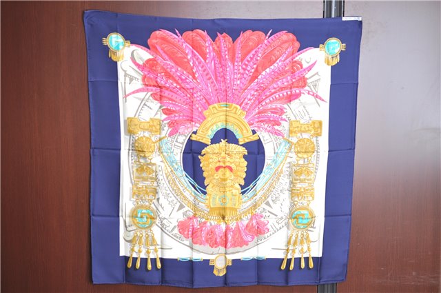 Authentic HERMES Carre 90 Scarf Buddhist statue Motif Silk Navy Blue PB J8970