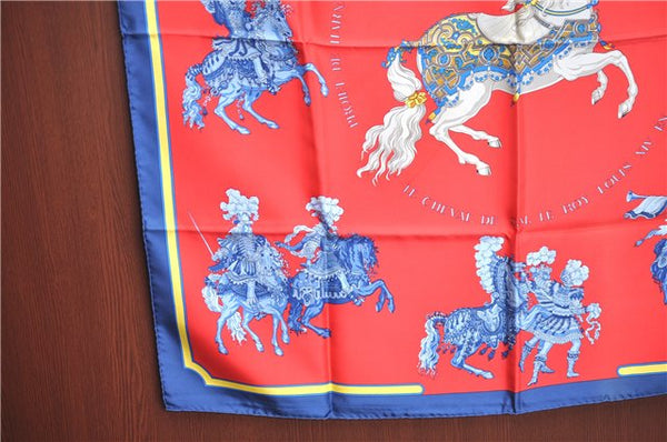 Authentic HERMES Carre 90 Scarf "CARROUSEL" Silk Navy Blue Red Box J8987