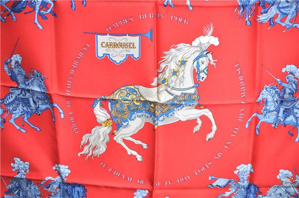 Authentic HERMES Carre 90 Scarf "CARROUSEL" Silk Navy Blue Red Box J8987