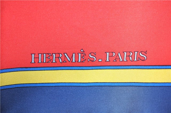 Authentic HERMES Carre 90 Scarf "CARROUSEL" Silk Navy Blue Red Box J8987