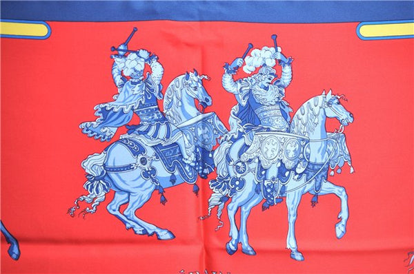 Authentic HERMES Carre 90 Scarf "CARROUSEL" Silk Navy Blue Red Box J8987