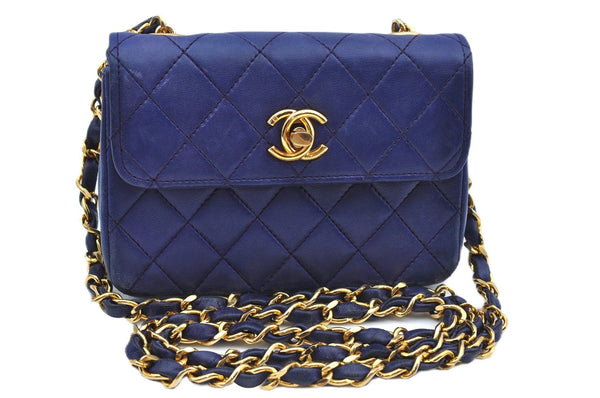 Authentic CHANEL Lamb Skin Matelasse Chain Shoulder Cross Body Bag Blue CC J9003