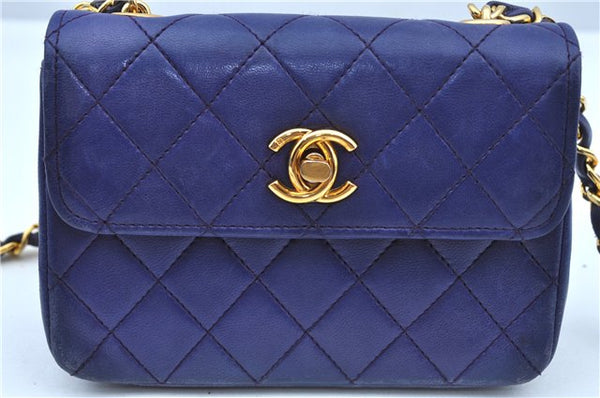 Authentic CHANEL Lamb Skin Matelasse Chain Shoulder Cross Body Bag Blue CC J9003