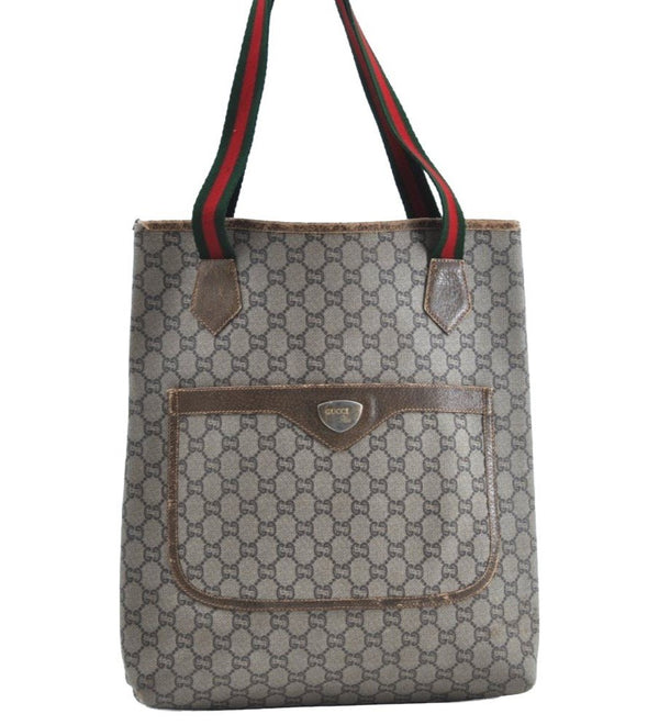 Auth GUCCI GG Plus Web Sherry Line Shoulder Tote Bag PVC Leather Brown J9032