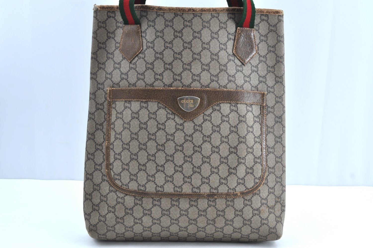 Auth GUCCI GG Plus Web Sherry Line Shoulder Tote Bag PVC Leather Brown J9032