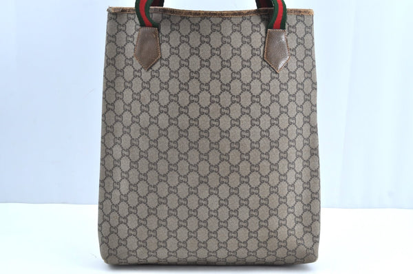 Auth GUCCI GG Plus Web Sherry Line Shoulder Tote Bag PVC Leather Brown J9032