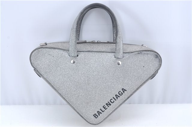 Authentic BALENCIAGA Triangle Duffle 2Way Hand Bag Leather 531048 Silver J9046