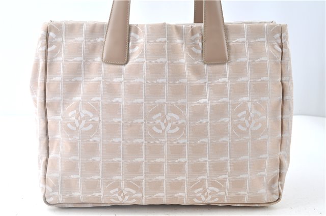 Authentic CHANEL New Travel Line Shoulder Tote Bag Nylon Leather Beige J9103