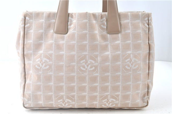 Authentic CHANEL New Travel Line Shoulder Tote Bag Nylon Leather Beige J9103