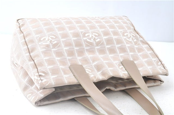 Authentic CHANEL New Travel Line Shoulder Tote Bag Nylon Leather Beige J9103
