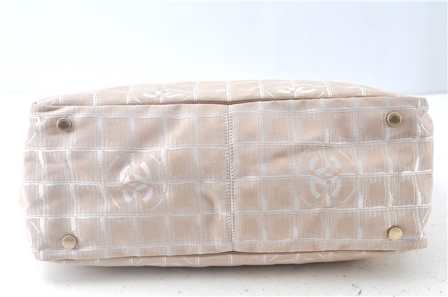Authentic CHANEL New Travel Line Shoulder Tote Bag Nylon Leather Beige J9103