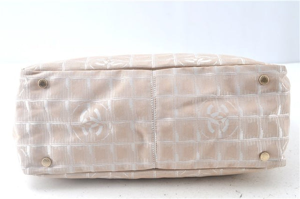 Authentic CHANEL New Travel Line Shoulder Tote Bag Nylon Leather Beige J9103