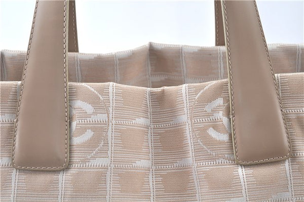 Authentic CHANEL New Travel Line Shoulder Tote Bag Nylon Leather Beige J9103