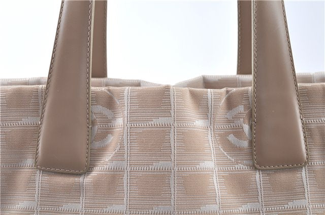 Authentic CHANEL New Travel Line Shoulder Tote Bag Nylon Leather Beige J9103