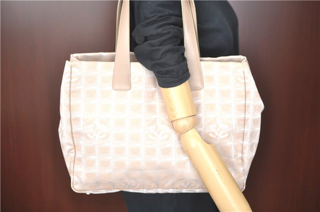 Authentic CHANEL New Travel Line Shoulder Tote Bag Nylon Leather Beige J9103