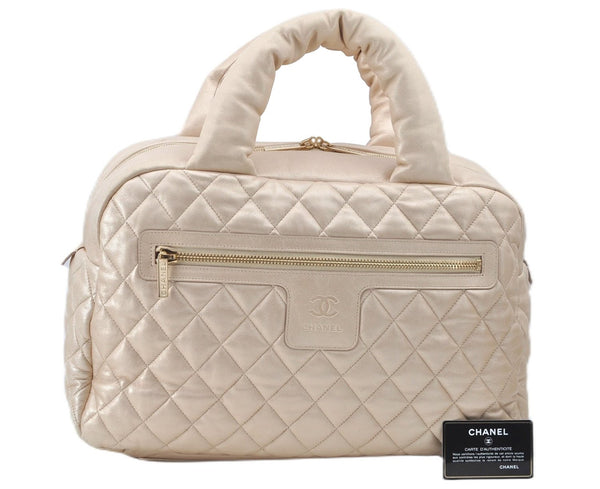 Authentic Chanel Coco Cocoon Matelasse CC Logo Nylon Hand Boston Bag Beige J9118